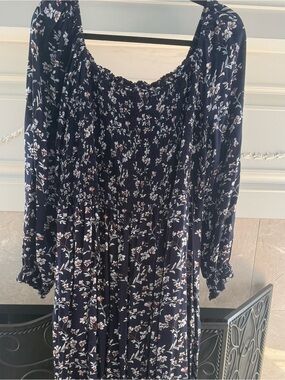 Navy Floral Maxi Dress with Smocked Bodice/ Flowy 2x